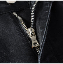 Load image into Gallery viewer, Men's Cracked White Pleated Patch Biker Jeans