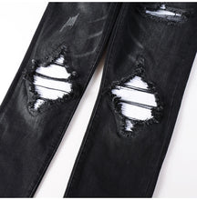 Load image into Gallery viewer, Men's Cracked White Pleated Patch Biker Jeans