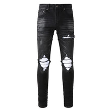 Load image into Gallery viewer, Men's Cracked White Pleated Patch Biker Jeans