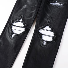 Load image into Gallery viewer, Men's Cracked White Pleated Patch Biker Jeans