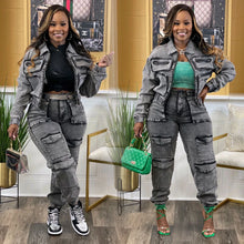 Load image into Gallery viewer, Women Tracksuit Zipper Denim Coat Cargo Ankle Length Pants Pockets