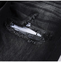 Load image into Gallery viewer, Men's Cracked White Pleated Patch Biker Jeans
