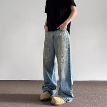 Load image into Gallery viewer, Spring and Autumn Men and Women Trendy Personalized Straight Tube Inkjet Laundry Jeans American Couple Loose Retro Casual Pants