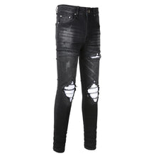 Load image into Gallery viewer, Men's Cracked White Pleated Patch Biker Jeans