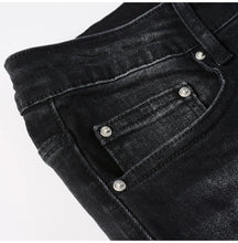 Load image into Gallery viewer, Men's Cracked White Pleated Patch Biker Jeans