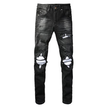 Load image into Gallery viewer, Men's Cracked White Pleated Patch Biker Jeans