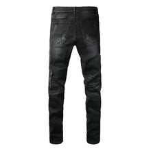 Load image into Gallery viewer, Men's Cracked White Pleated Patch Biker Jeans