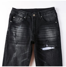 Load image into Gallery viewer, Men's Cracked White Pleated Patch Biker Jeans