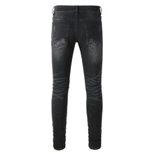 Load image into Gallery viewer, Men's Cracked White Pleated Patch Biker Jeans