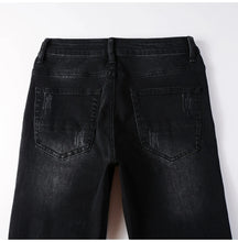 Load image into Gallery viewer, Men's Cracked White Pleated Patch Biker Jeans