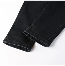Load image into Gallery viewer, Men's Cracked White Pleated Patch Biker Jeans