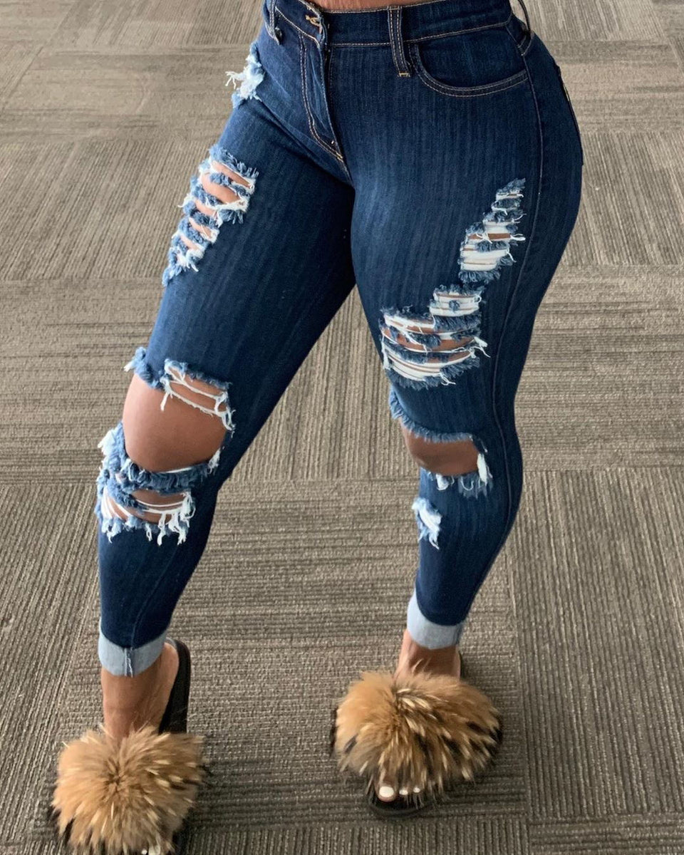 Women Flared Trousers High Waist Stretch Slim Ripped Jeans