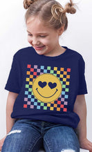 Load image into Gallery viewer, Rainbow Checkerboard Smiley Kids Graphic Tee
