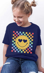 Rainbow Checkerboard Smiley Kids Graphic Tee