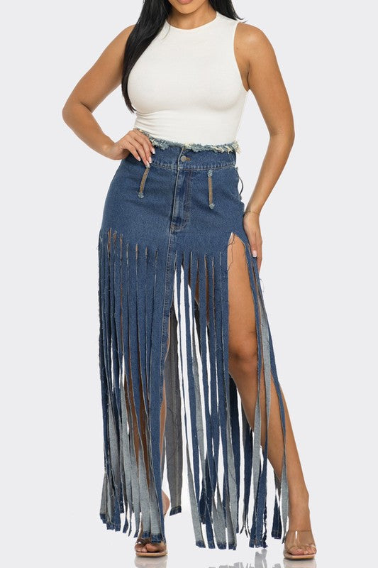 Bohemian Rhapsody Fringe Denim Skirt