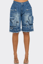 Load image into Gallery viewer, Utility-Chic Frayed Denim Casual Cargo Shorts
