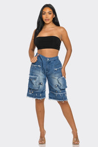 Utility-Chic Frayed Denim Casual Cargo Shorts