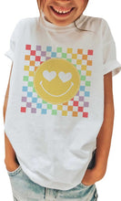 Load image into Gallery viewer, Rainbow Checkerboard Smiley Kids Graphic Tee
