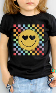 Rainbow Checkerboard Smiley Kids Graphic Tee