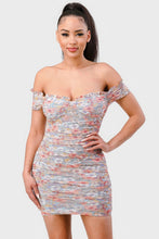 Load image into Gallery viewer, Floral Print Mesh Sweetheart Ruffled Off Shoulder Ruched Mini Dress
