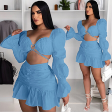 Load image into Gallery viewer, Summer   Crop Top Balloon Sleeve Pleated Skirt Sets
