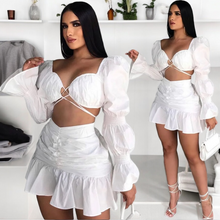 Load image into Gallery viewer, Summer   Crop Top Balloon Sleeve Pleated Skirt Sets
