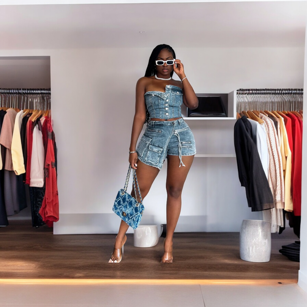 M.   Strapless Crop Top Short Pocket Denim 2 Piece Set