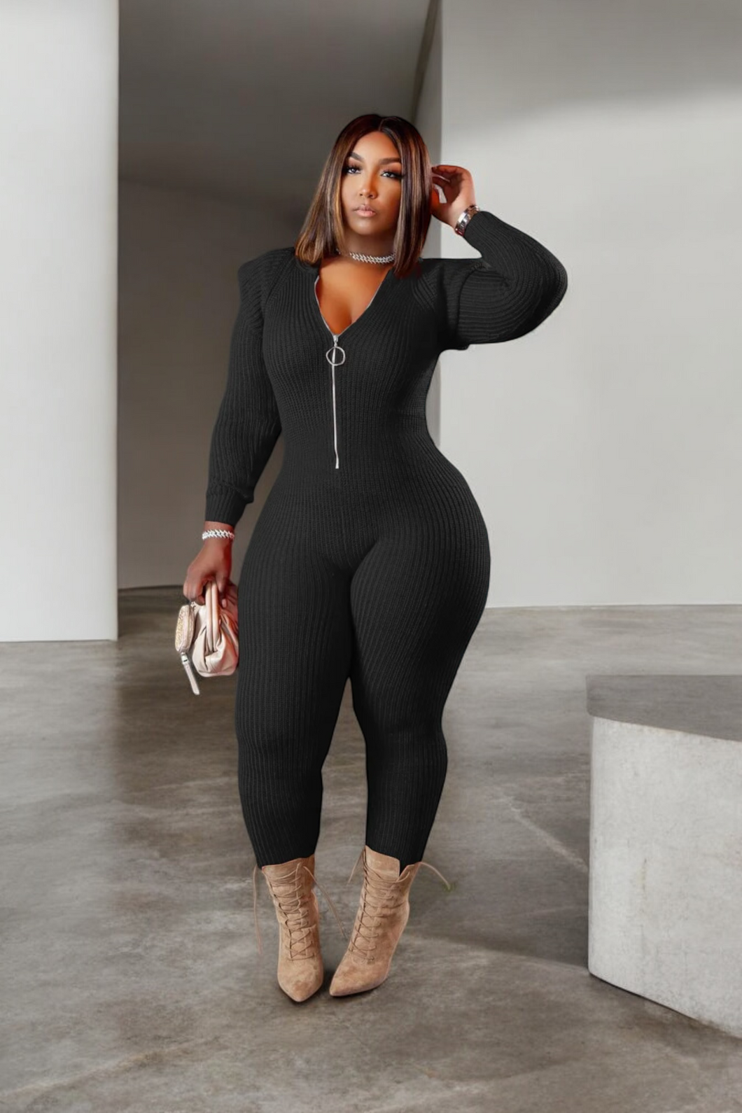 Knitting Zipper Hoodie Long Sleeve Jumpsuit