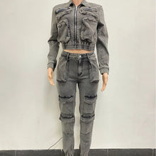 Load image into Gallery viewer, Women Tracksuit Zipper Denim Coat Cargo Ankle Length Pants Pockets
