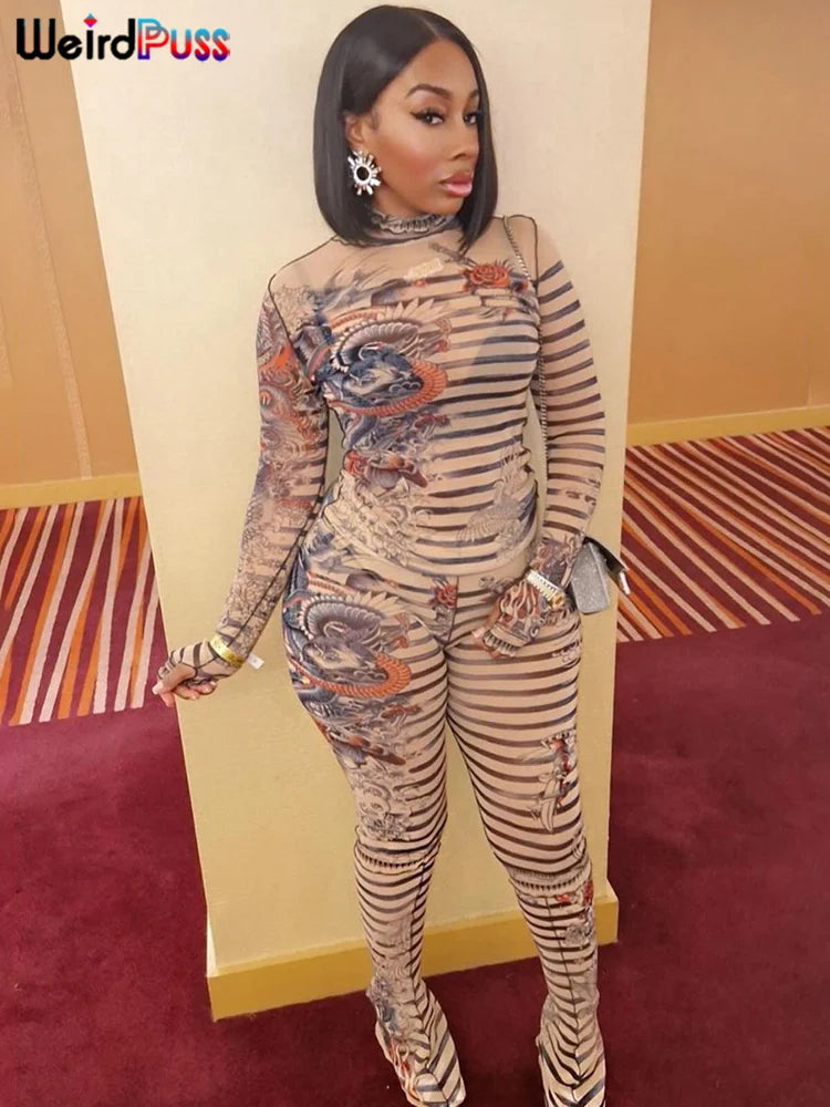 Weird Puss Aesthetic Print Sexy Women 2 Piece Set