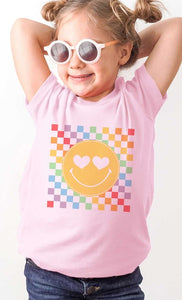 Rainbow Checkerboard Smiley Kids Graphic Tee