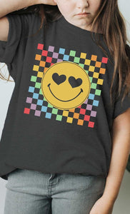 Rainbow Checkerboard Smiley Kids Graphic Tee