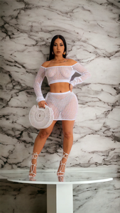 ZHEZHE Summer  women clothing off shoulder ladies tops and crochet dress 2 piece skirts set sexy hollow out dress