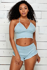 denim ruffled shorts with denim bra