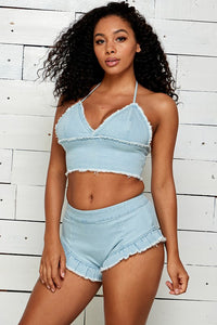 denim ruffled shorts with denim bra