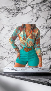 Summer New Trending Women's Printed Street Wear Stand Collar Long Sleeve 2pc Sets Women Short 2 Two Piece Set