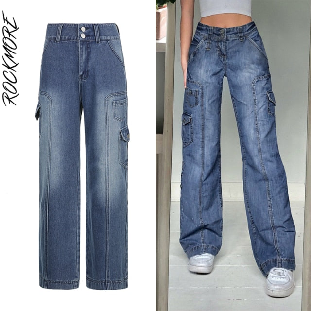 Rockmore Brown Vintage Baggy Jeans Women 90s Streetwear Pockets